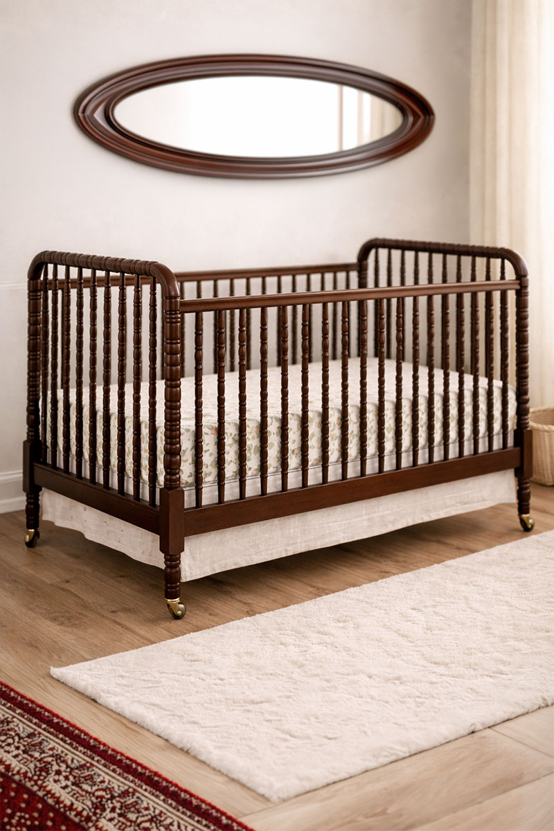 Dark-finish Jenny Lind style baby crib showing classic turned spindle design and fixed-side construction