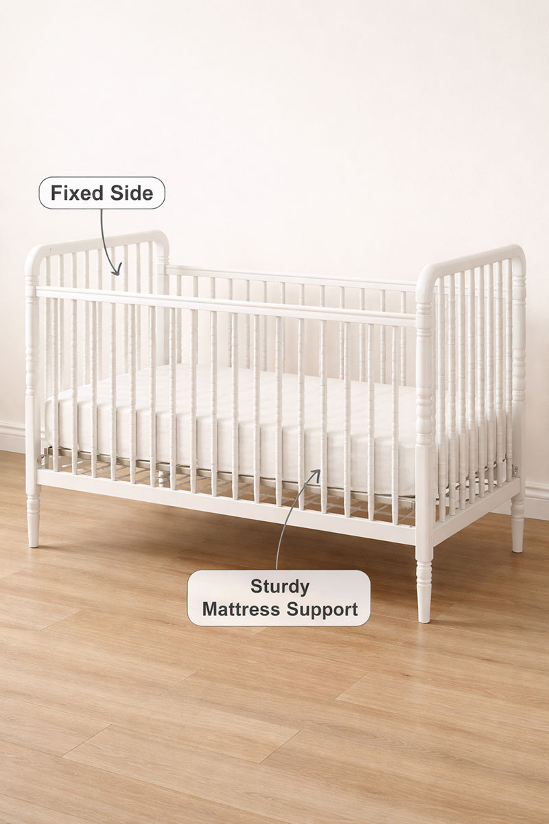 Jenny Lind style crib with fixed sides and visible spindle spacing shown for structural reference
