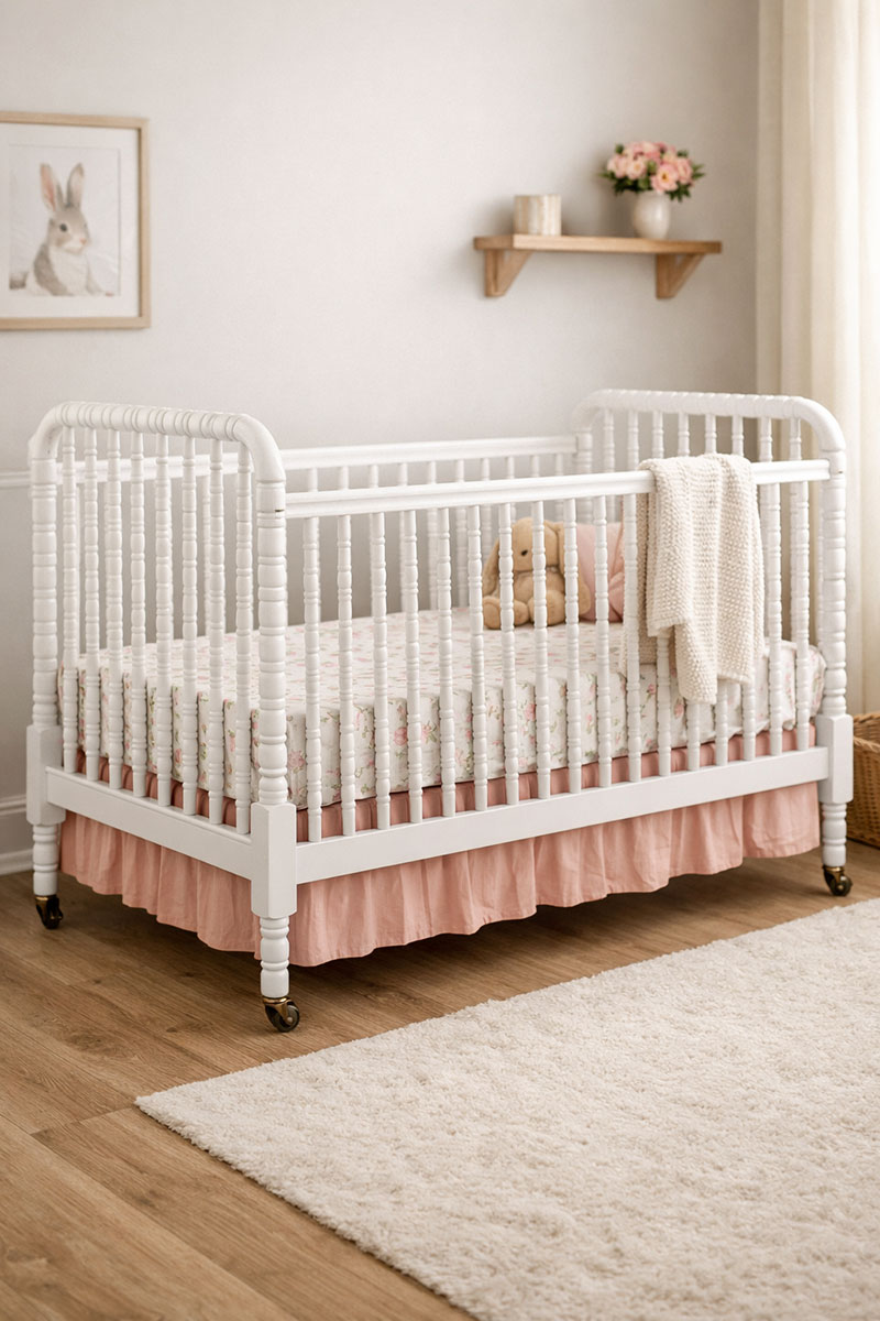 Jenny Lind style crib showing classic spindle design used by multiple manufacturers