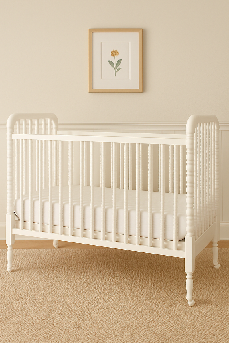 Classic white Jenny Lind spindle crib showing turned spindles and traditional nursery design