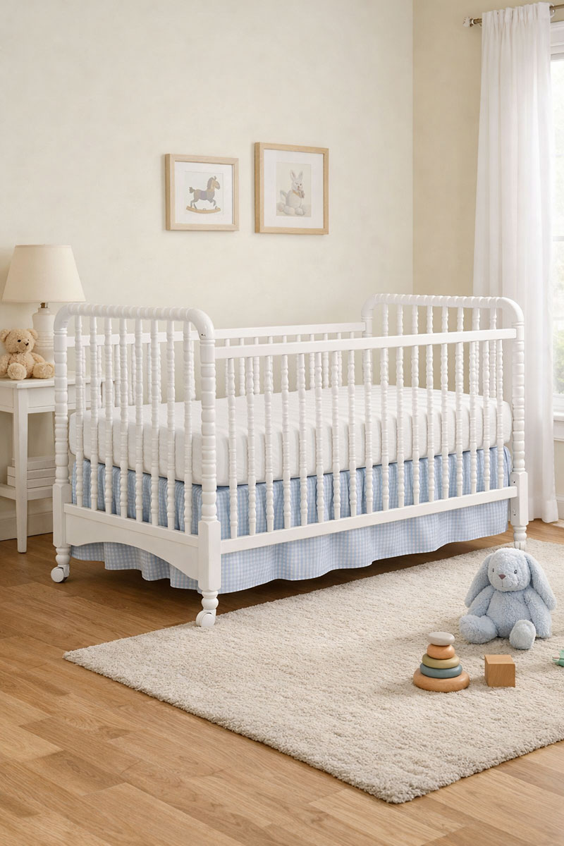 Classic white Jenny Lind spindle crib showing turned spindles and traditional nursery design
