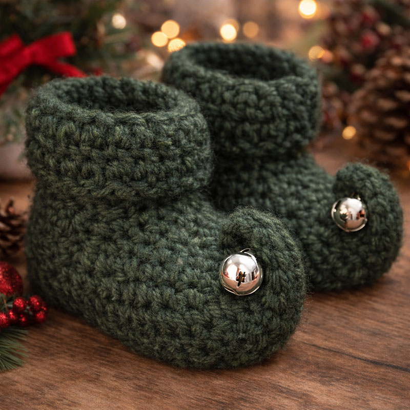 Jingle Bells Christmas crochet baby booties with chunky yarn and elf-style jingle bell accents