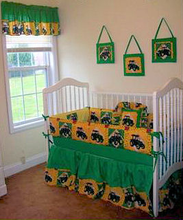 Yellow and green custom made John Deere baby crib bedding for a baby boy farm themed nursery room theme