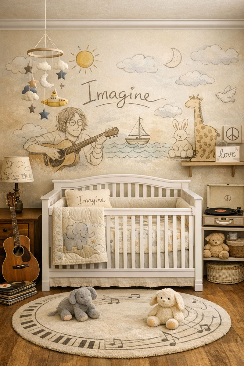 John Lennon nursery theme with music-inspired wall art, soft neutral crib bedding, and vintage-style decor
