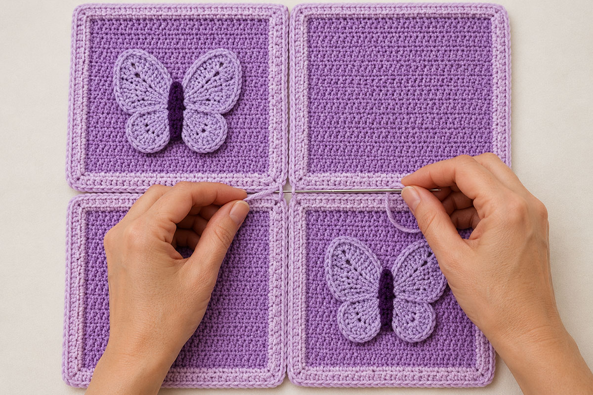 Close view of lavender framed crochet blanket squares being joined with light lavender yarn using a flat mattress style seam