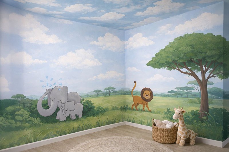 Safari nursery wall mural with painted clouds above jungle trees and animals