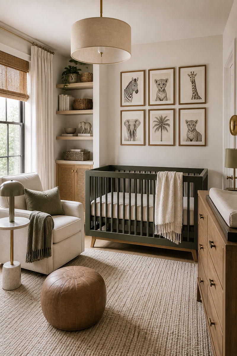 Jungle animal nursery decor with crib, framed safari prints, and coordinated baby room setup