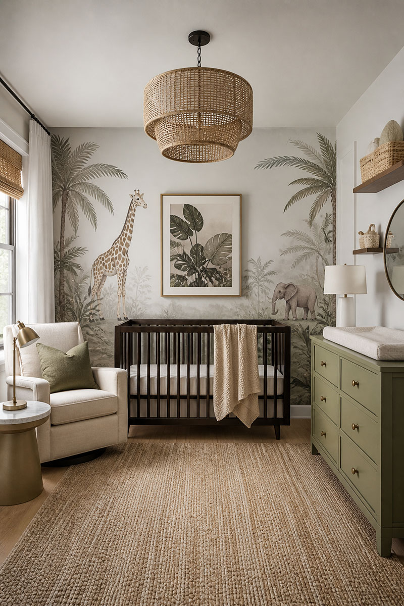 Jungle nursery layout with safari wall art, crib, dresser, and neutral baby room furniture