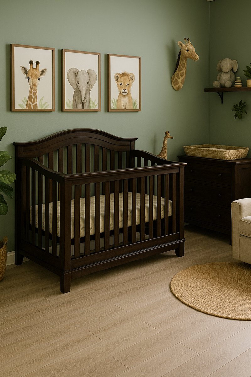 Safari jungle themed baby nursery with pecan wood crib and soft sage walls