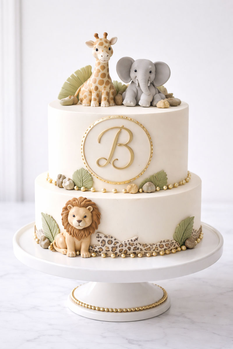 Two tier jungle safari baby shower cake with monogram and realistic animal toppers