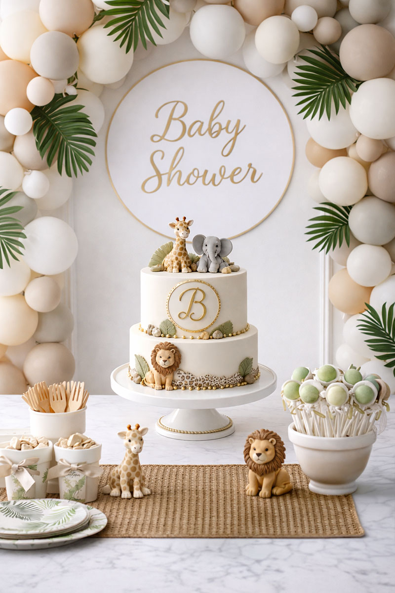 Clean jungle safari baby shower decor with neutral tones and simple balloons and tropical greenery backdrop