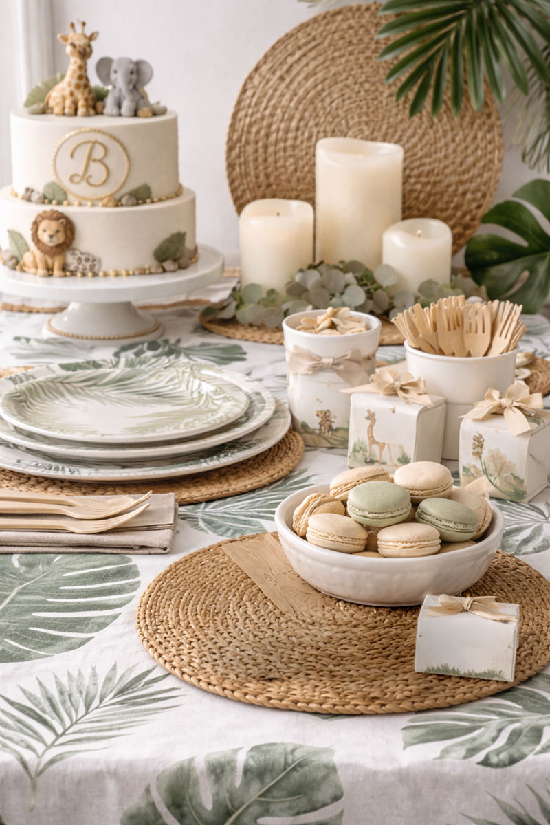 Neutral tropical color palette for jungle safari baby shower decor