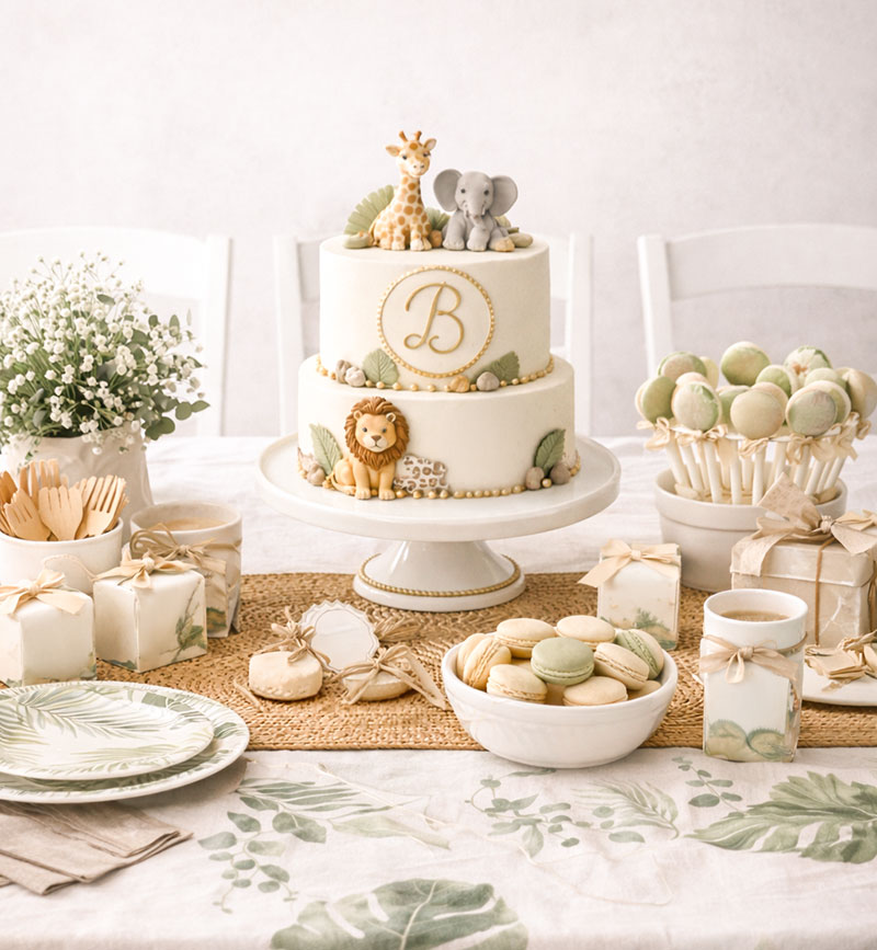 Simple jungle safari baby shower setup showing balanced table and decor layout