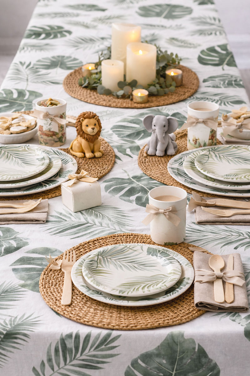 Safari baby shower table styling with tropical leaf tablecloth and low centerpieces