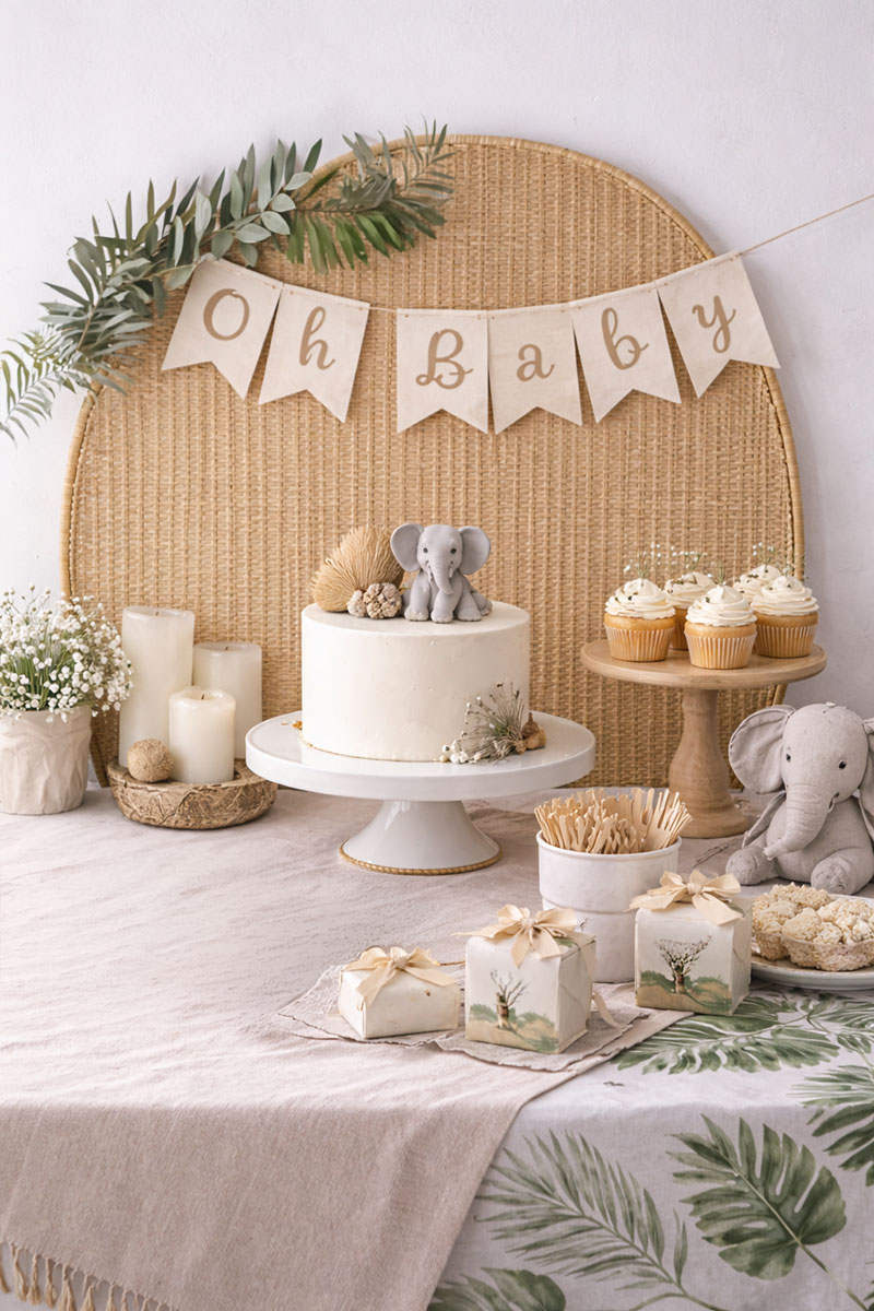 Variation of jungle safari baby shower setup with neutral tones and minimal decor