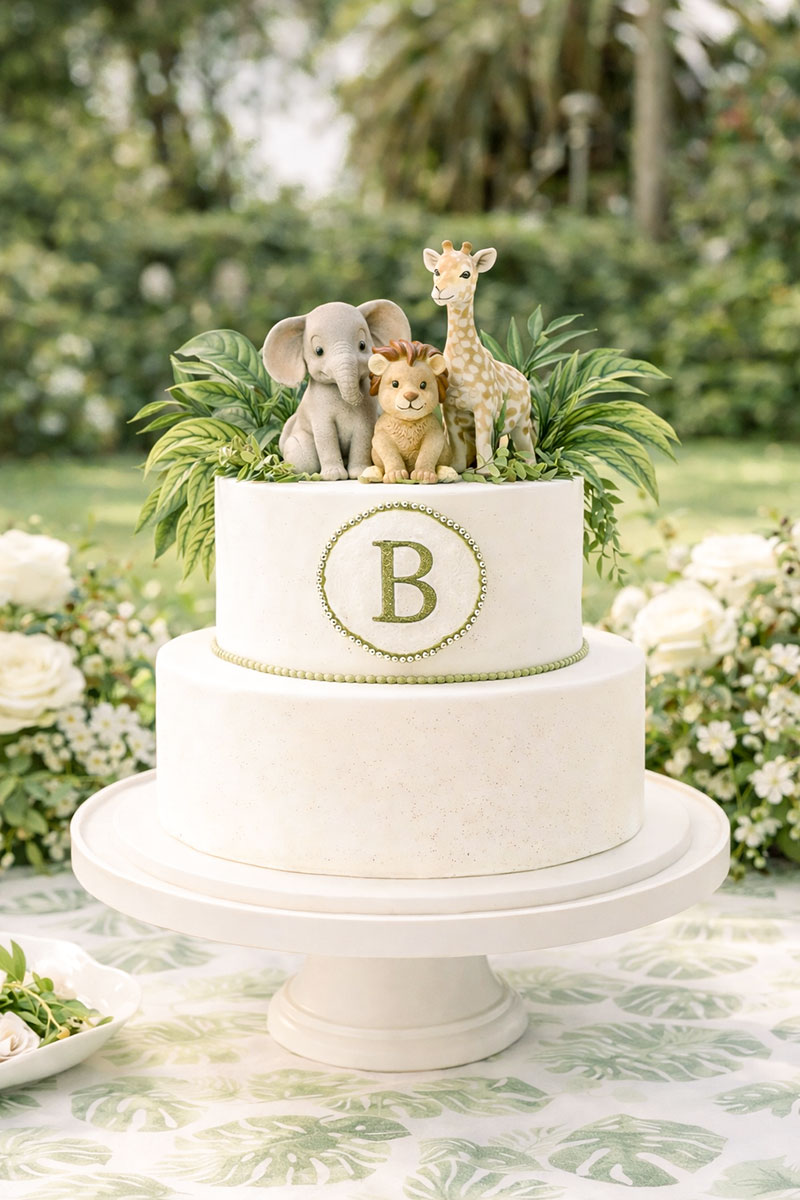 Elegant jungle safari baby shower cake with monogram