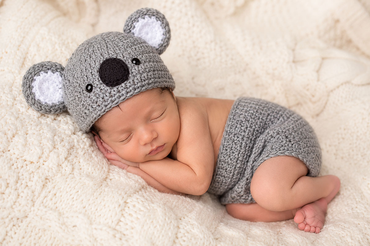 Homemade handmade baby koala bear costume photo prop with hat with long tails and diaper cover pants
