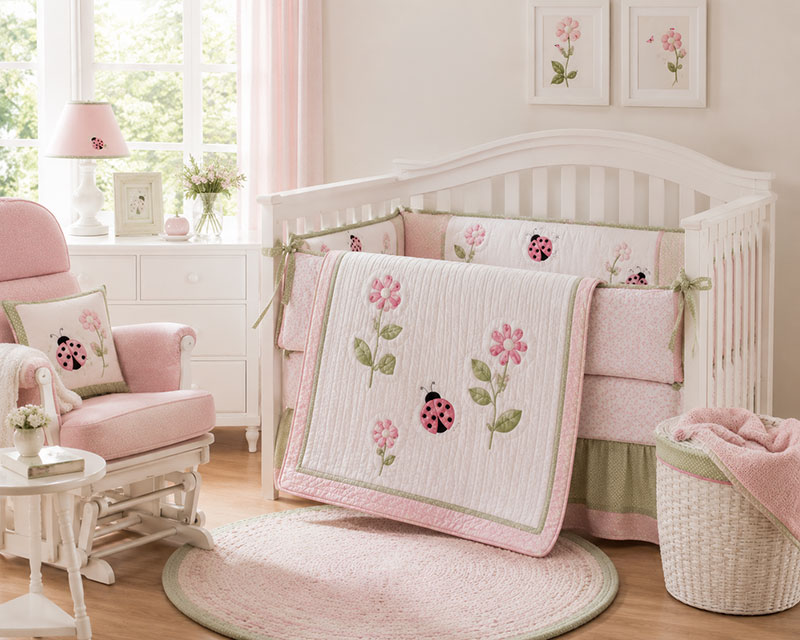 Elegant ladybug baby bedding in a blush pink baby girl's nursery with small ladybug and floral details
