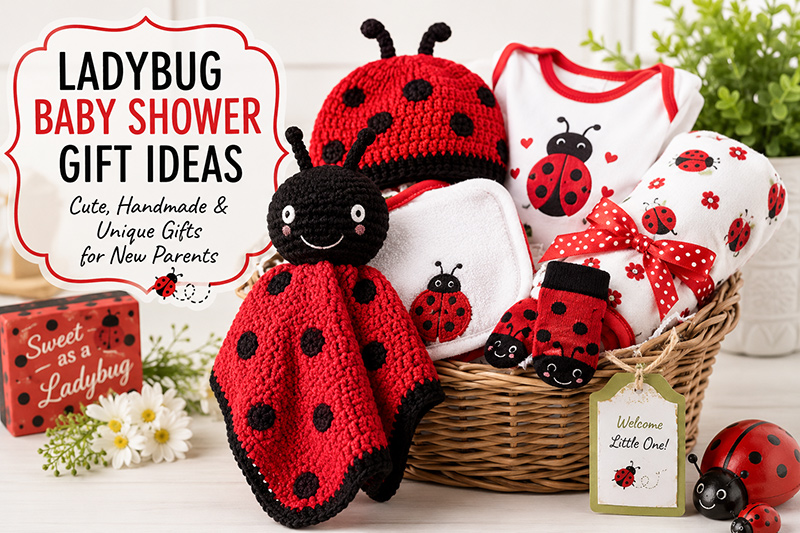 Ladybug baby shower gift ideas with a themed baby gift basket, handmade crochet hat, blanket, bib and red and black baby items