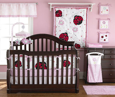 Pink and brown, red and black mod baby girl ladybug nursery crib bedding sets.