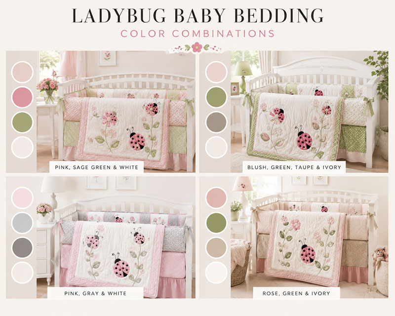 Ladybug baby bedding color combinations in blush pink, raspberry, green, white and black
