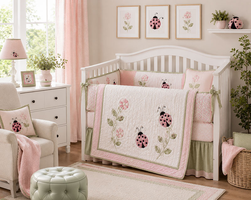 Ladybug baby bedding coordinated with simple blush curtains, white nursery furniture and small garden accents