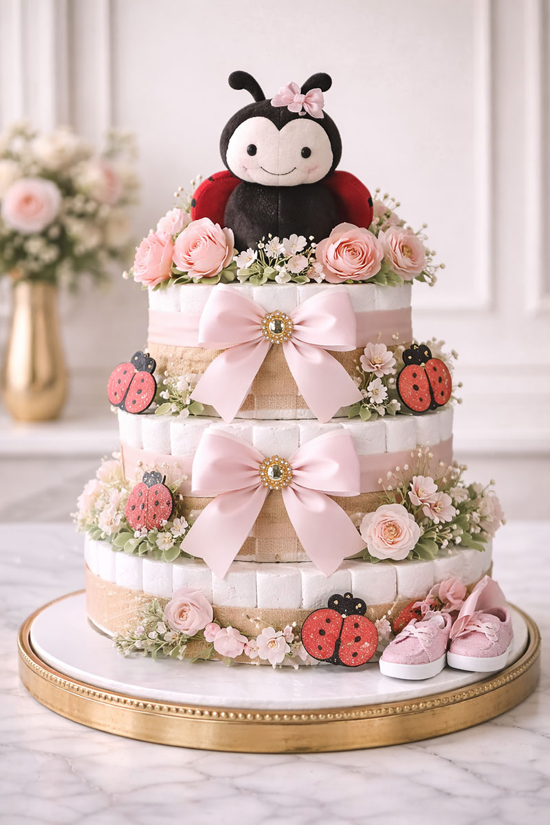 ladybug diaper cake baby shower centerpiece with red and black theme