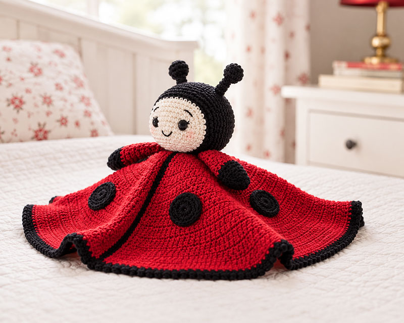 side view of crochet ladybug lovey showing stuffed head and flat round blanket body