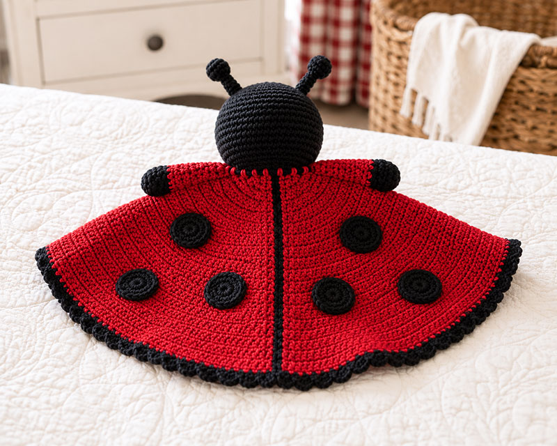 underside of crochet ladybug lovey showing neat sewn joins and finished yarn tails
