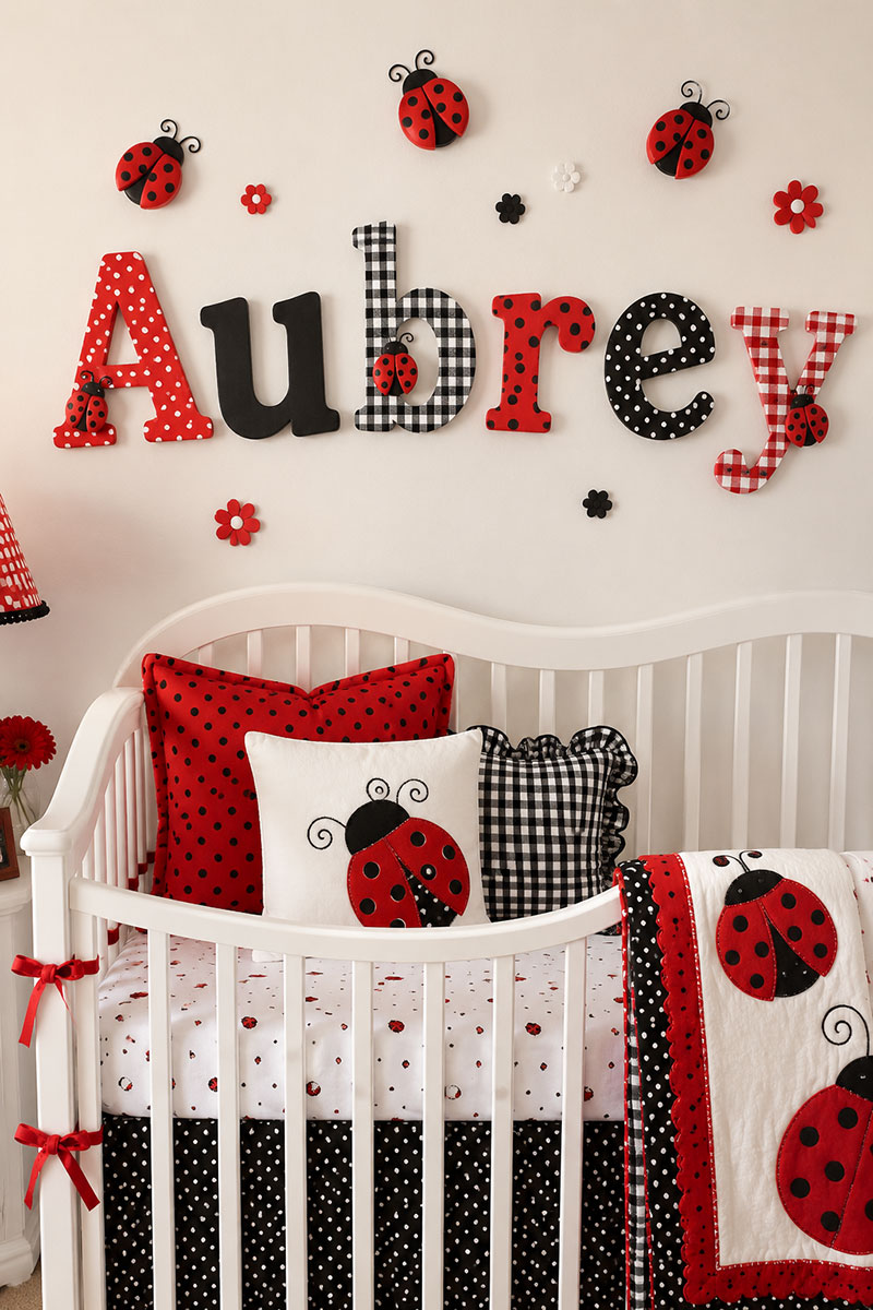 Personalized ladybug wall letters displayed above a baby girl's crib with red, black and white nursery decor.