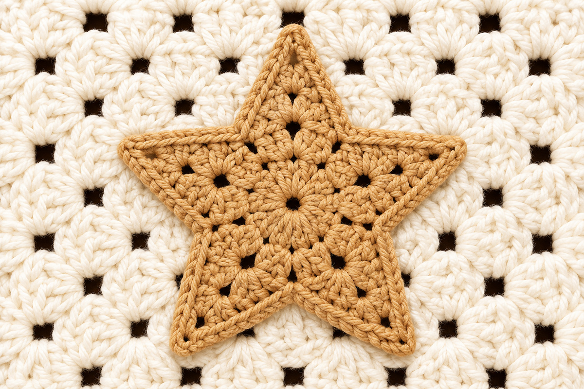 Large five-point gold crochet star applique with textured center and defined points designed for a Christmas granny square blanket