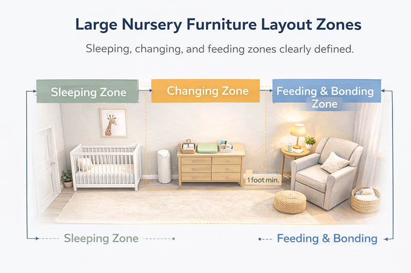 Large nursery layout with defined zones for crib, dresser care station, and feeding chair area