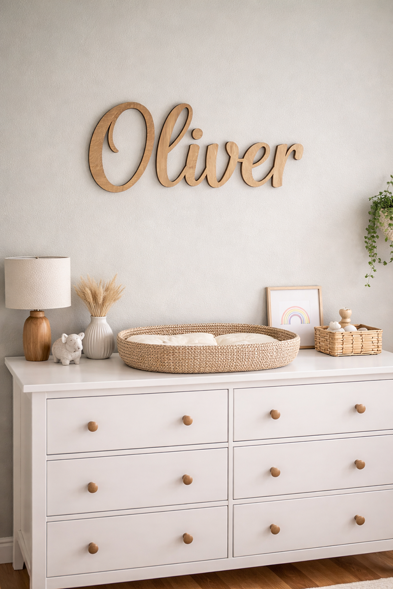 Large wooden letters on a nursery wall above a dresser with soft decor accents