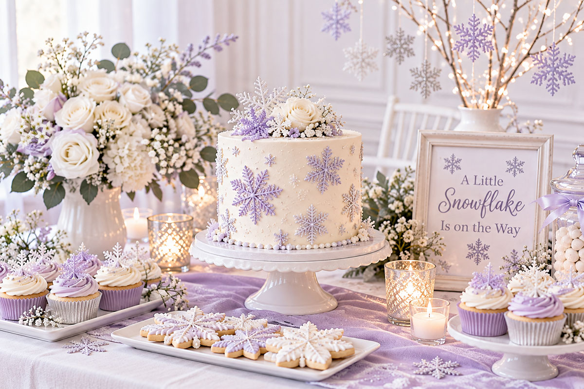 Lavender and white winter baby shower with a lavender snowflake cake silver accents white flowers and coordinated lavender party decorations
