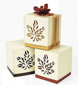 DIY fall themed baby shower party favor gift boxes decorated with leaf stencil pattern