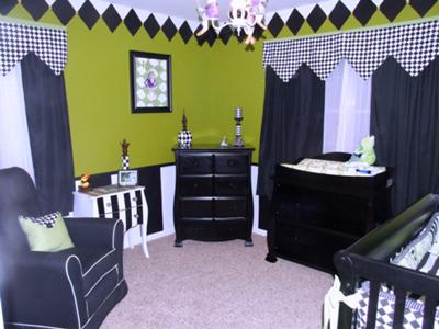 Our Baby Boy, Liam's, Black, White and Lime Green Frog Prince Nursery Theme with Harlequin Diamond Pattern