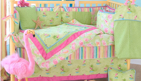 Glenna Jean Lilly Pulitzer Florida style baby crib bedding set. Tropical pink flamingo and palm trees pattern fabric in classic lime green and pink. A super crib set for a fun beach theme nursery! Glenna Jean Lilly Pulitzer Florida style baby crib bedding set. Tropical pink flamingo and palm trees pattern fabric in classic lime green and pink. A super crib set for a fun beach theme nursery!