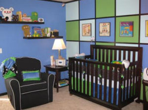 Royal sky blue lime green and black baby nursery bedding crib set modern contemporary custom