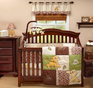 Lion King baby crib bedding set for a boy or girl jungle safari nursery with Simba and Nala chasing butterflies