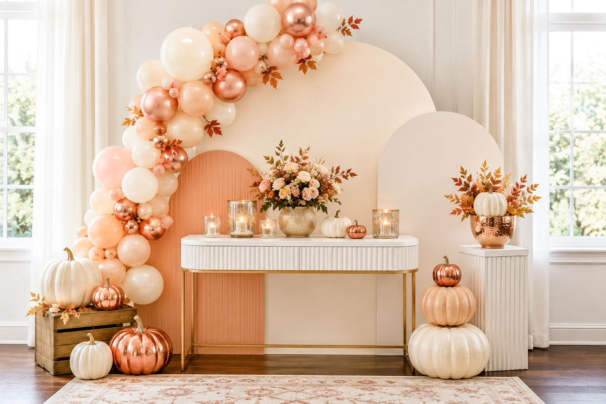 Little Pumpkin baby shower backdrop with ivory arches, peach and copper balloons, pumpkins and a narrow display table