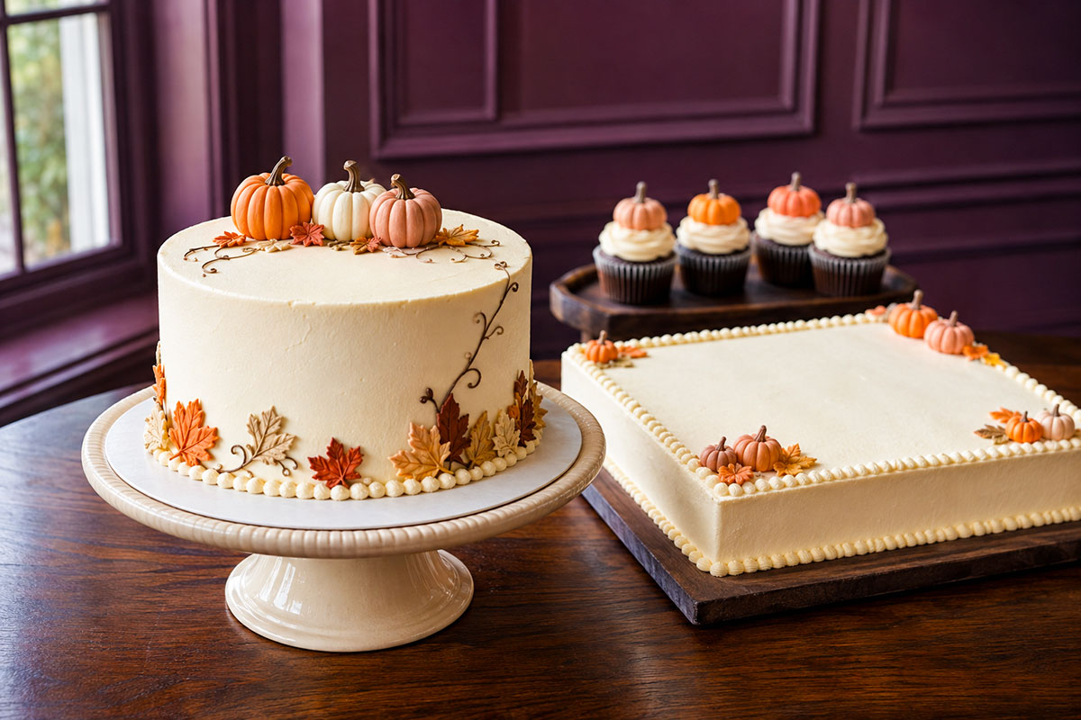 Little Pumpkin baby shower cakes with orange and white pumpkins, buttercream piping and elegant fall decorations