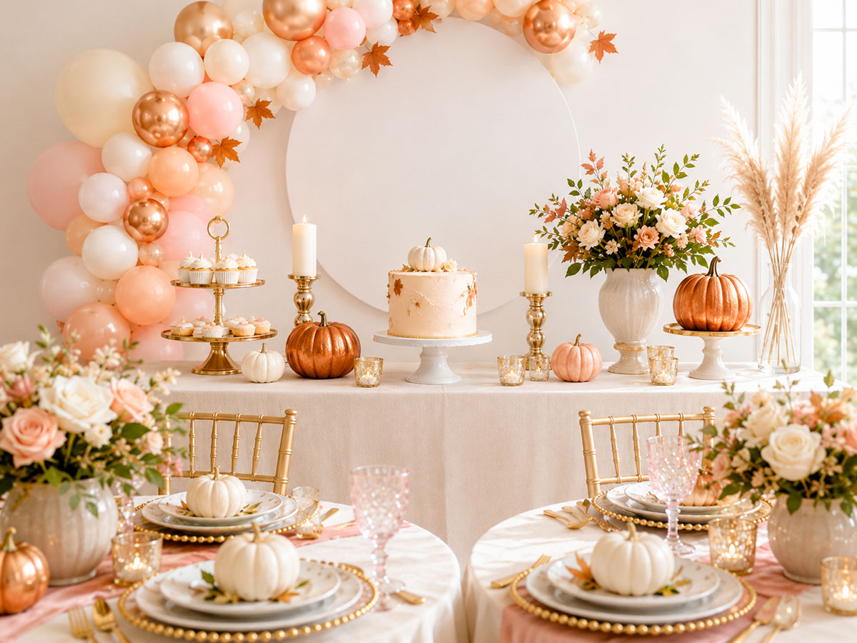 Blush, ivory, peach and copper Little Pumpkin baby shower tables with coordinated balloons and place settings