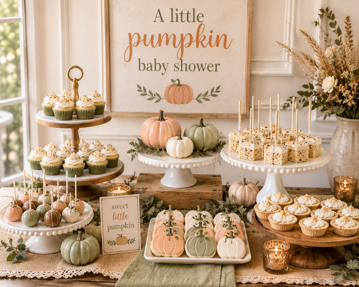 Little Pumpkin baby shower dessert table with a raised cake stand, pumpkin cookies and coordinated autumn treats