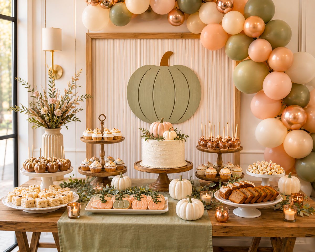 Little Pumpkin baby shower dessert table with pumpkins in three sizes, seasonal desserts and coordinated party styling