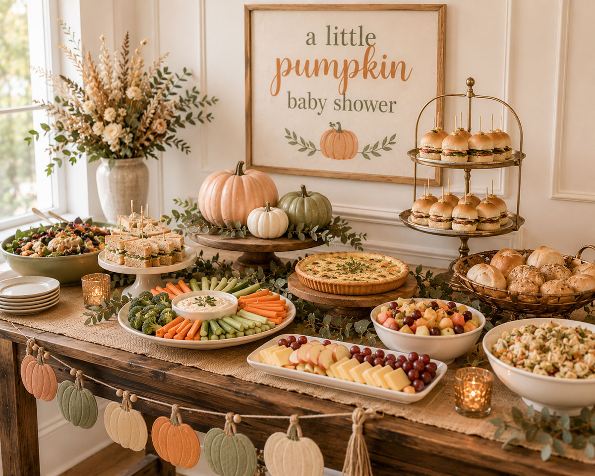 Little Pumpkin baby shower buffet with finger foods, cider and coordinated serving pieces