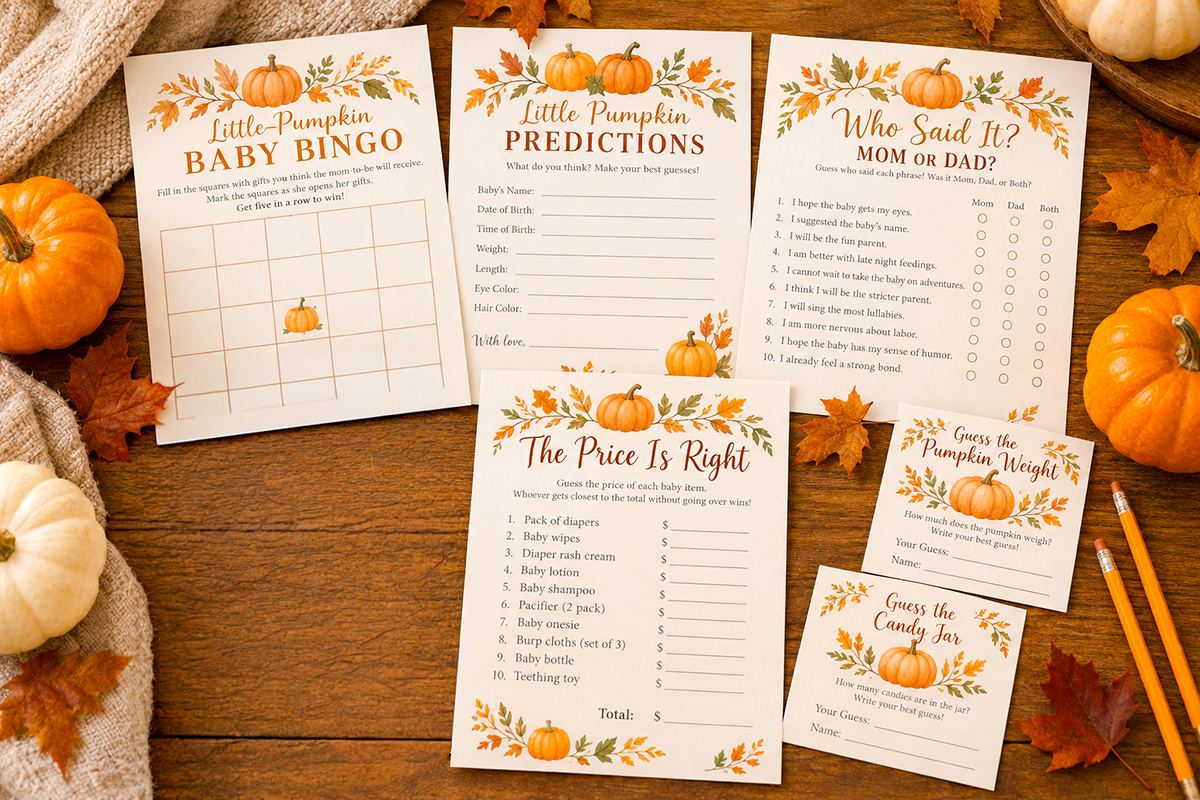 Preview of free Little Pumpkin baby shower game printables including bingo baby predictions Mom or Dad Price Is Right and pumpkin guessing games