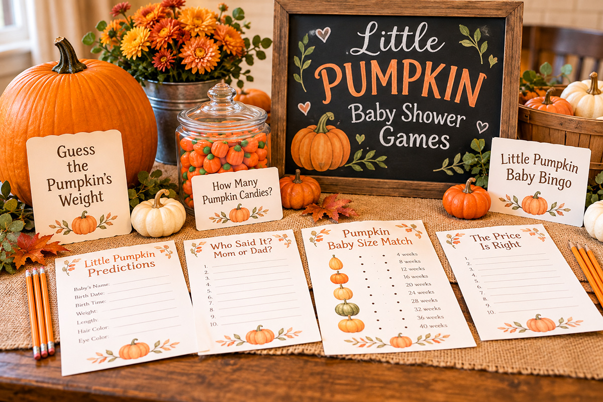 Little pumpkin baby shower games table with pumpkin guessing game baby predictions bingo cards pencils and small fall pumpkins for a fall baby shower