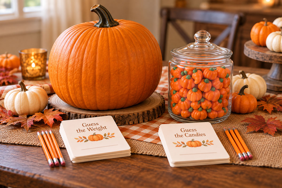 Little pumpkin baby shower guessing games table with a large real pumpkin for a weight guessing game and a clear jar filled with pumpkin candies