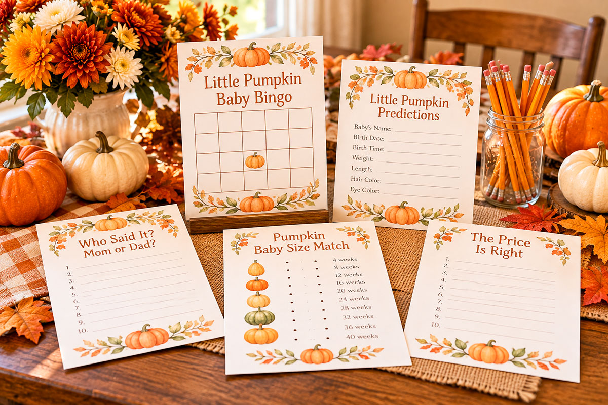 Little pumpkin baby shower game cards arranged on a fall party table with baby predictions Mom or Dad bingo and Price Is Right games with small pumpkins and pencils