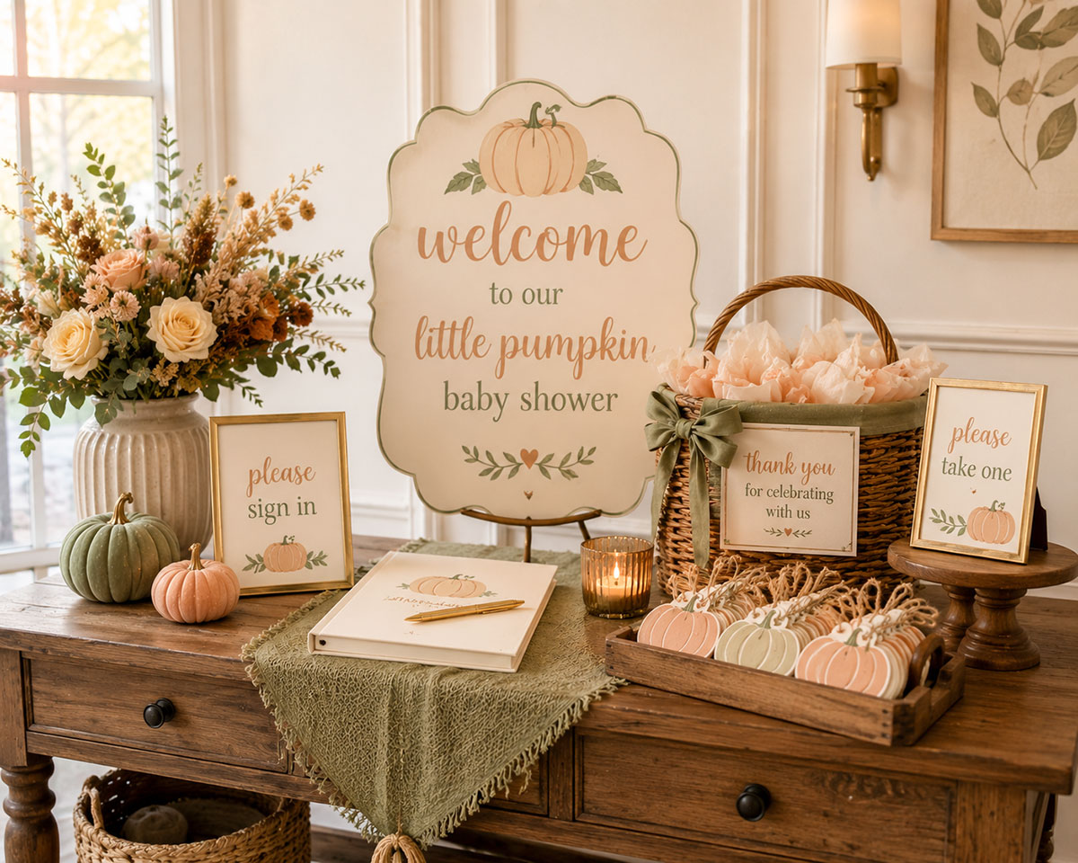 Little Pumpkin baby shower welcome table with layered pumpkins, candles and coordinated harvest decorations